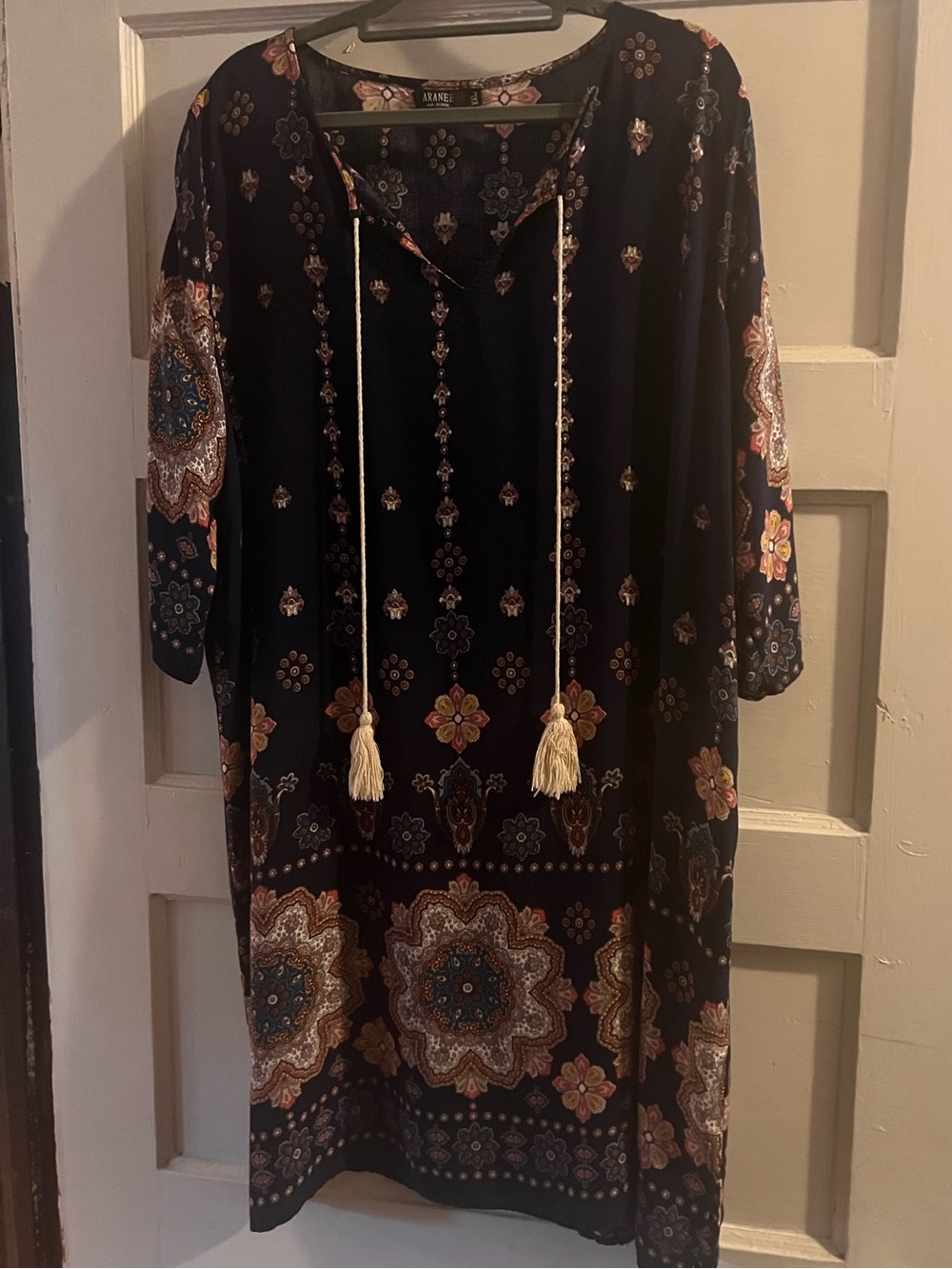 Aranee XXL Boho Floral Tassel Tie Navy Dress